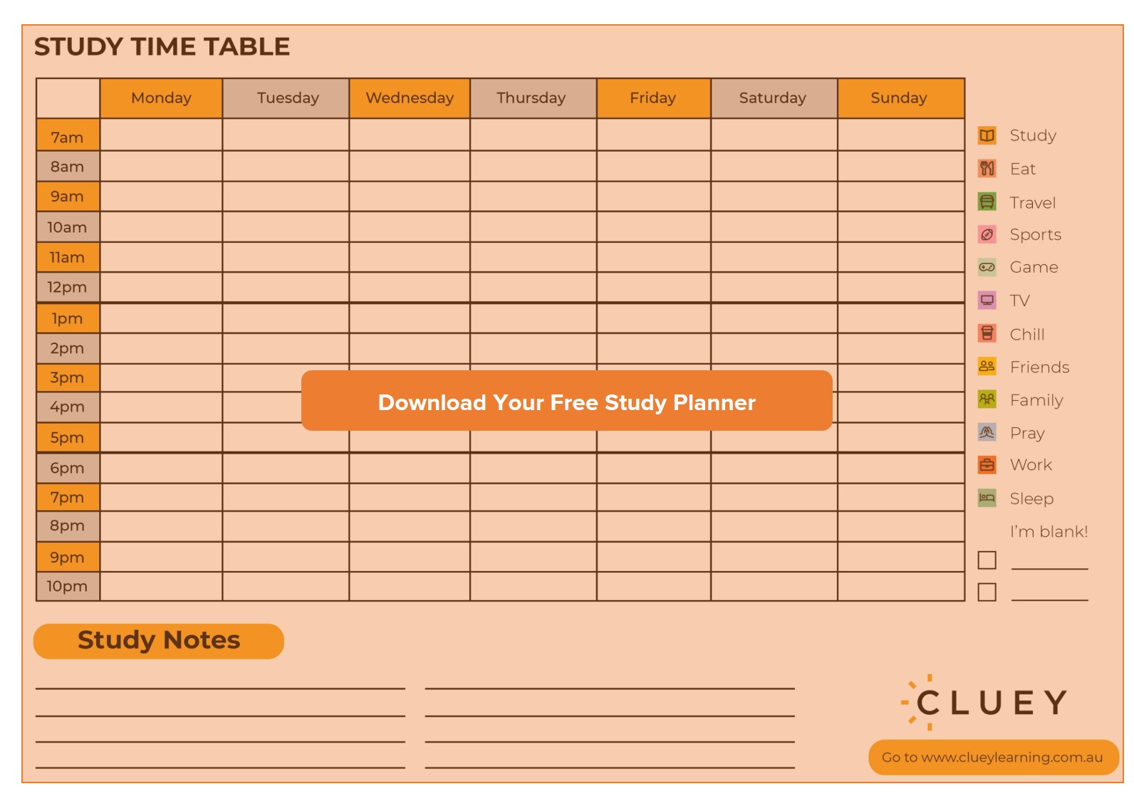 Study Planner  Free Timetable Template 20  Cluey Learning Pertaining To Blank Revision Timetable Template