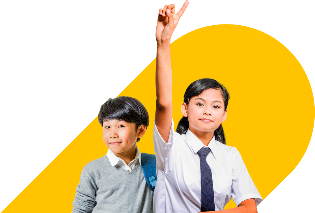 Young students raising their hands